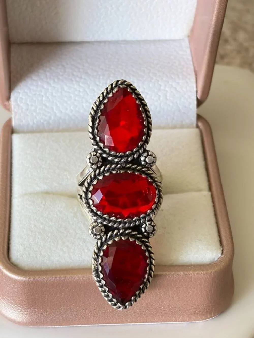 Simulated Garnet Three Stone Statement Ring 925 Silver Plated - Size 6.5